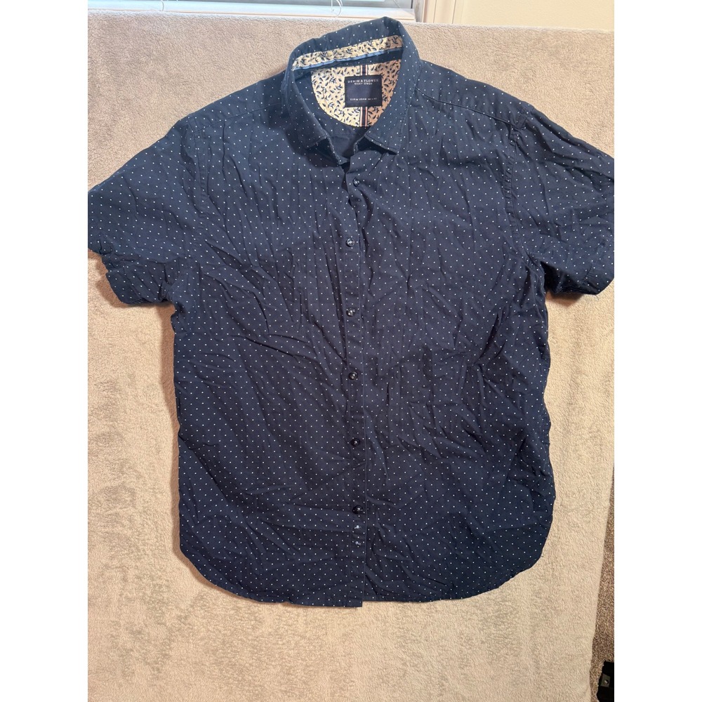 Denim & Flower Navy Polka Dot Short Sleeve Button Down Shirt Mens M